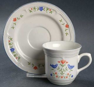 Newcor Homecoming Flat Cup & Saucer Set, Fine China Dinnerware   Blue,Red Flower