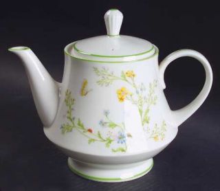 Noritake Reverie (Green Trim) Teapot & Lid, Fine China Dinnerware   Wildflowers