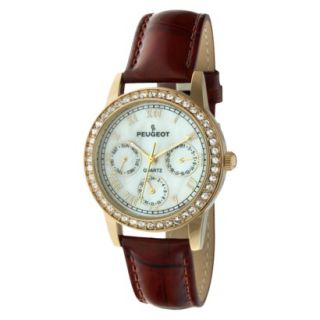 Peugeot Womens Swarovski Crystal Accented Multi Function Leather Strap Watch  