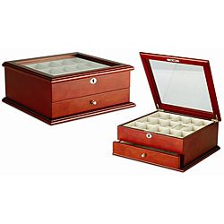 Seya Cherry Wooden Watch Box (CherryLining Cream velvetInlaid glass window for viewingLock and key for added security15 removable watch pillows and individual watch storage compartmentsOpen jewelry storage drawerFully lined interiorSilver plated hardware