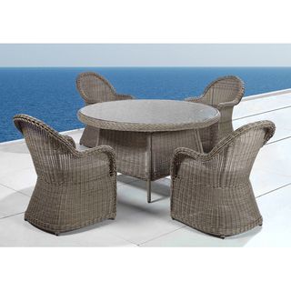 Naples Outdoor Wicker Patio Table And Chair Dining Set By Beliani (SandMaterials Resin wicker, aluminumFinish All weather resin wickerCushions includedWeather resistantUV protectionTable dimensions 20 inches high x 59 inches in diameterChair dimensions