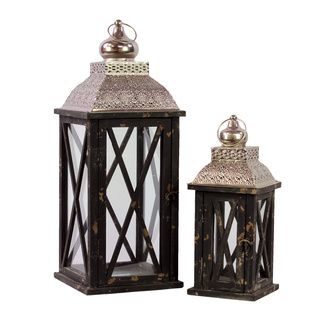 Black Wooden Lantern With Silver Lid (set Of 2) (8.6 inches long x 8.6 inches wide x 23 inches high; 6 inches long x 6 inches wide x 15 inches highFor decorative purposes onlyDoes not hold water WoodenSize 8.6 inches long x 8.6 inches wide x 23 inches hi