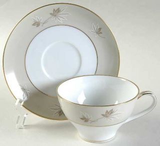 Zylstra Frosted Leaves Flat Cup & Saucer Set, Fine China Dinnerware   Brown/Whit