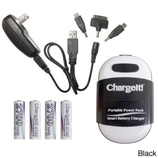 Digital Treasures Chargeit Portable Power Pack (Black, purple, red, blueModel 08759 08856 57 58Materials PlasticIncludes USB wall adapter, USB charging cable, adapters for iPhone/iPod, mini USB, micro USBWeight 0.7 lbsDimensions 10 inches long x 5.5 