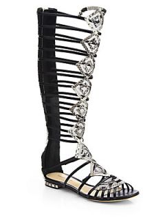 Alexandre Birman Python Gladiator Knee High Sandal Boots   Natural Black