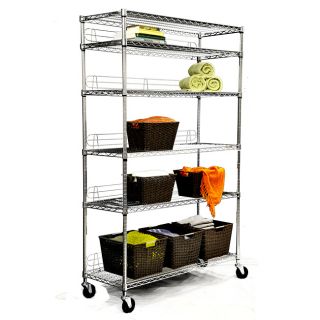Trinity Nsf 6 tier Chrome Wire Shelving Rack (ChromeMaterials Chrome plated steel wire, plastic slip sleeves, casters, metal poleFinish Chrome with lacquerWeight capacity per shelf 800 poundsDimensions 77 in. H (with caster) x 48 in. W x 18 in. LWeigh