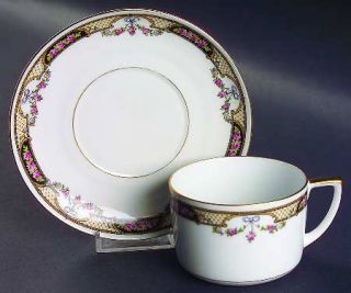 Altrohlau Alt37 Flat Cup & Saucer Set, Fine China Dinnerware   Pink Roses, Bows,