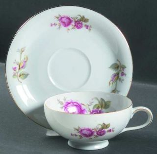 Eschenbach P860 Footed Cup & Saucer Set, Fine China Dinnerware   Pink Roses, Rim
