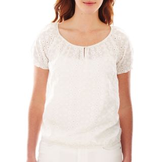 St. Johns Bay Short Sleeve Embroidered Smocked Peasant Top   Tall, White