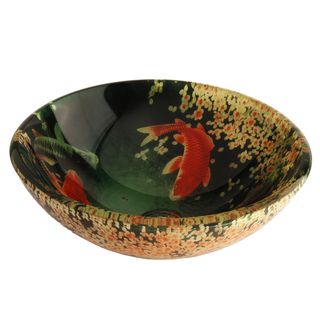 Fontaine Koi And Lily Pond Glass Vessel Bathroom Sink (Koi and lily printDimensions 16 inches in diameter x 5.75 inches highFaucet setting Vessel fillerGlass thickness 0.5 inchMaterial Double layered tempered glassPop up drain included NoDrain hole d
