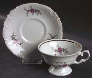 Wawel Rose Garden Footed Cup & Saucer Set, Fine China Dinnerware   Pink Roses,Pu