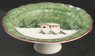 The Cellar Log Cabin Christmas Footed Cake Plate, Fine China Dinnerware   Green