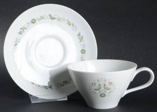 Noritake Dutch Treat Flat Cup & Saucer Set, Fine China Dinnerware   Green Birds,