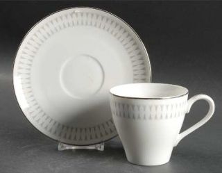 Mikasa Nordica Flat Cup & Saucer Set, Fine China Dinnerware   Two Bands Of Gray