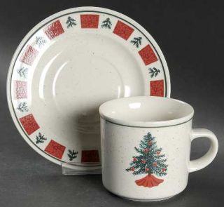 Folkcraft Holiday Flat Cup & Saucer Set, Fine China Dinnerware   Red Squares,Chr