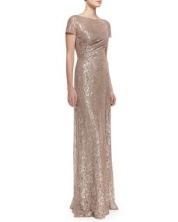 Womens Short Sleeve Sequined Lace Gown, Mauve/Silver   David Meister