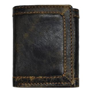 Mens Black Distressed Leather Tri fold Wallet (Black Material Leather Entry Fold over closure Bi fold/tri fold Tri fold Lining Fabric  Dimensions 105 mm long x 86 mm wide x 20 mm deep Pockets/Slots/I.D. Window One (1) divided billfold, nine (9) cred