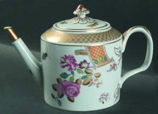 Mottahedeh Lowestoft Rose Teapot & Lid, Fine China Dinnerware   Gray,Multicolor