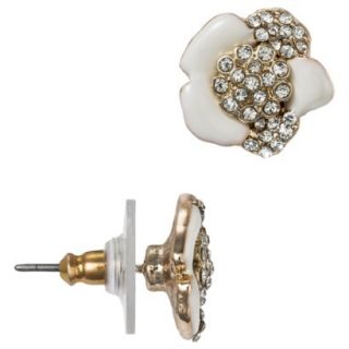 Womens Enameled Flower Stud Earring with Pave Accents   Ivory/Gold