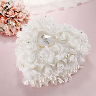 White Heart Shaped Rose Ring Pillow with Rhinestone and Faux Pearl