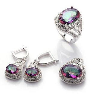 Fashion 925 Silver Plated Copper Rainbow Zircon Earring Ring And Pendants Set