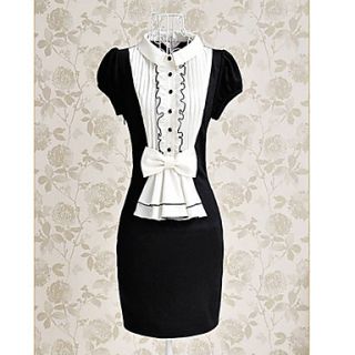 TS Vintage Color Block Bow Pleats Lapel Slim Dress