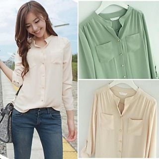 Womens Casual Stand Collar Long Sleeve Pocket Shirt Blouse