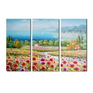 Hand Painted Oil Painting Landscape Seaside Hills With Stretched Frame Set of 3
