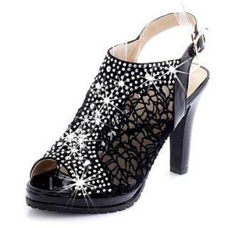 Faux Leather/Lace Womens Stiletto Heel Sling Back Sandals With Rhinestone Shoes(More Colors)