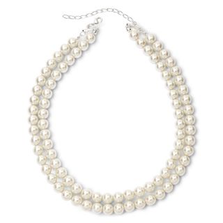 Vieste Silver Tone Pearlized Glass Bead 2 Row Necklace, White