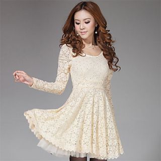 Lishang Womens Korean Style Lace Fitted Long Sleeve Dress(Almond)