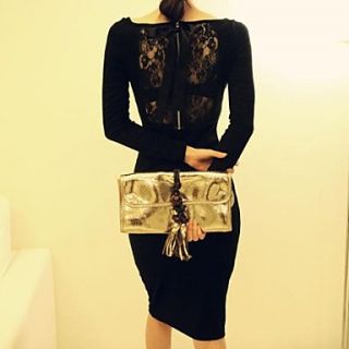 Womens Lace Elegent Black Long Sleeve Midi Dress