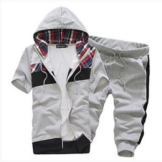 Mens Hoodie Casual Sports Short Sleeve Contrast Color Suits