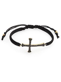 Pave Cross Charm Braided Bracelet   Black
