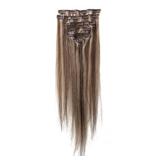 Emosa 15 Inch #4/27 Mixed Chocolate Brown and Dark Blonde 7 Pcs Human Hair Silky Straight Clips in Hair Extensions