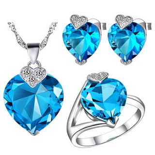 Fashion Silver Plated Silver With Cubic Zirconia Heart Of The Ocean Womens Jewelry Set(Including Necklace,Earrings,Ring)
