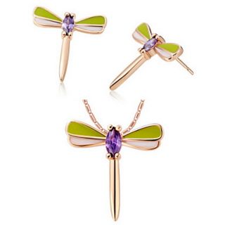 Delicate Gold Plated Gold With Cubic Zirconia Dragonfly Womens Jewelry Set(Including Necklace,Earrings)