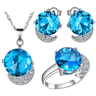 Stylish Silver Plated Cubic Zirconia Round Womens Jewelry Set(Necklace,Earrings,Ring)(Blue,Red,Purple)
