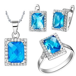 Classic Silver Plated Blue And Clear Cubic Zirconia Rectangle Womens Jewelry Set(Necklace,Ring,Earrings)