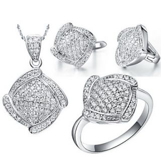 European Silver Plated Cubic Zirconia Irregular Rectangle Womens Jewelry Set(Necklace,Earrings,Ring)