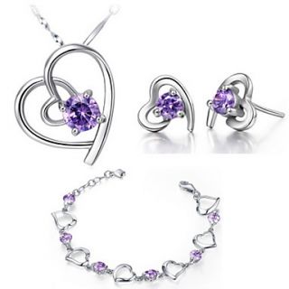 Classic Silver Plated Cubic Zirconia Irregular Pierced Heart Womens Jewelry Set(Necklace,Earrings,Bracelet)(White,Purple)