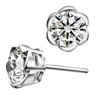 Classic Silver Plated Silver With Cubic Zirconia Flower Shape Womens Earring