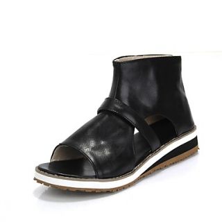 Faux Leather Womens Wedge Heel Open Toe Fashion Ankle Boots with Zipper Shoes(More Colors)