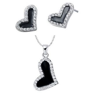 Fashion Silver Plated Silver With Cubic Zirconia Black Heart Womens Jewelry Set(Including Necklace,Earrings)
