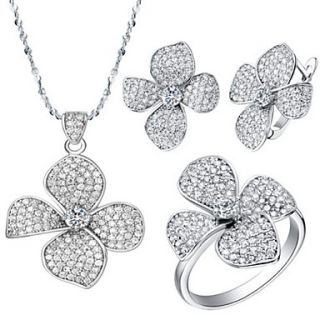 Sweet Silver Plated Clear Cubic Zirconia Clover Shaped Womens Jewelry Set(Necklace,Ring,Earrings)