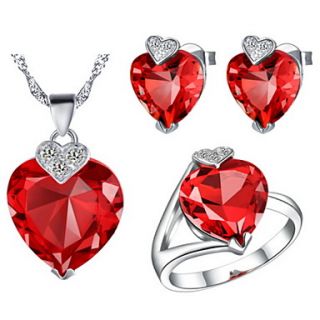 Charming Silver Plated Cubic Zirconia Heart Shaped Womens Jewelry Set(Necklace,Earrings,Ring)(Red,Purple)