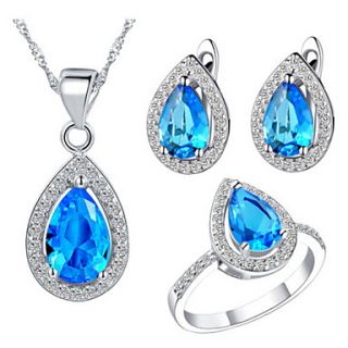 Classic Silver Plated Cubic Zirconia Drop Shaped Womens Jewelry Set(Necklace,Earrings,Ring)(Blue,Red,Purple)