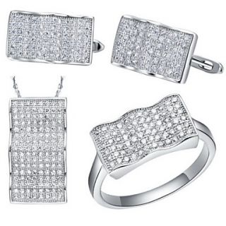 European Silver Plated Cubic Zirconia Uneven Rectangle Womens Jewelry Set(Necklace,Earrings,Ring)