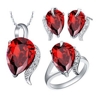 Charming Silver Plated Red Cubic Zirconia Drop Womens Jewelry Set(Necklace,Earrings,Ring)