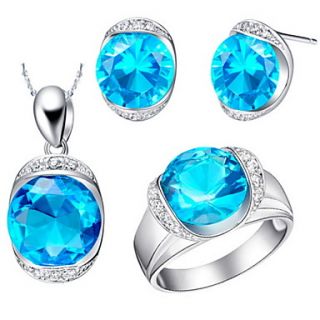 Fashion Silver Plated Cubic Zirconia Round Womens Jewelry Set(Necklace,Earrings,Ring)(Blue,Red)